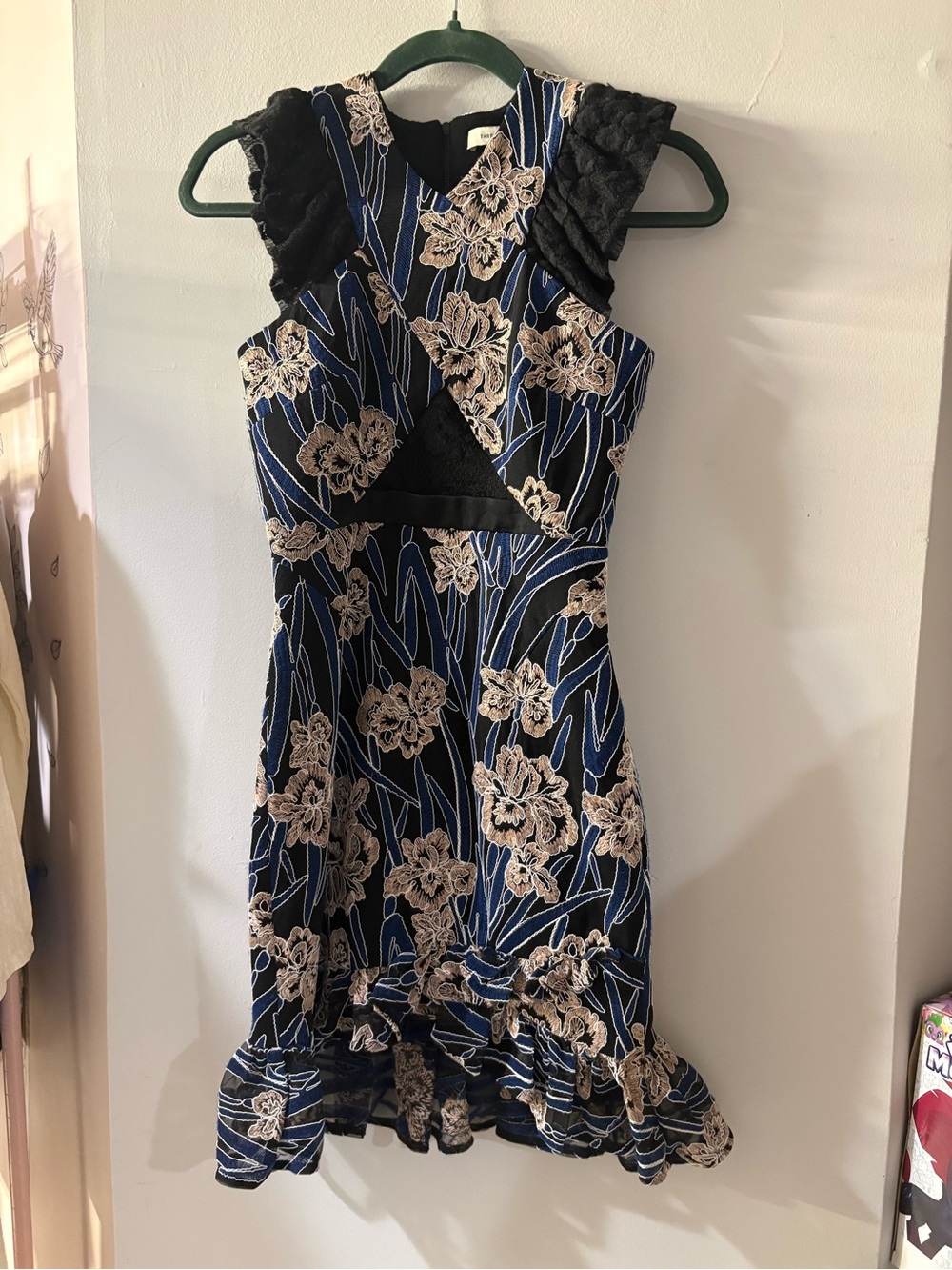 Three Floor Size 0 Navy Floral Embroidered Fit & Flare Dress